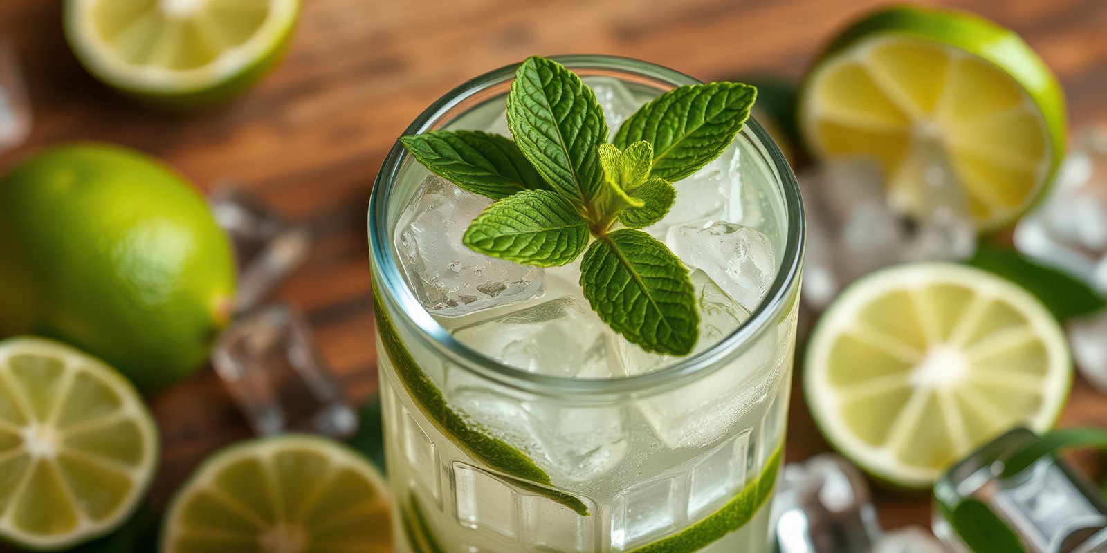 Refreshing minty lime drink served with fresh lime slices and ice in a glass on a wooden table